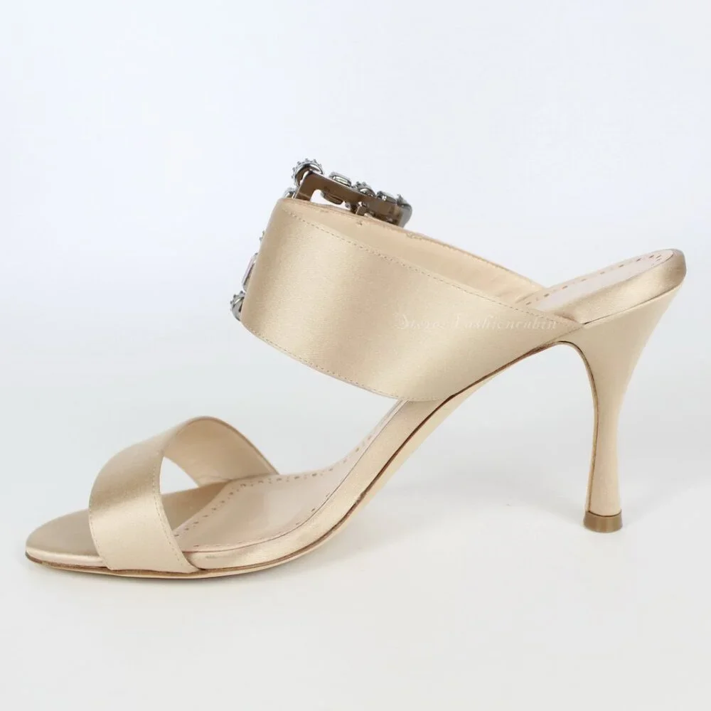 NEW Manolo Blahnik Verda 90 Crystal Buckle Satin Mule Sandals Nude EU 38.5